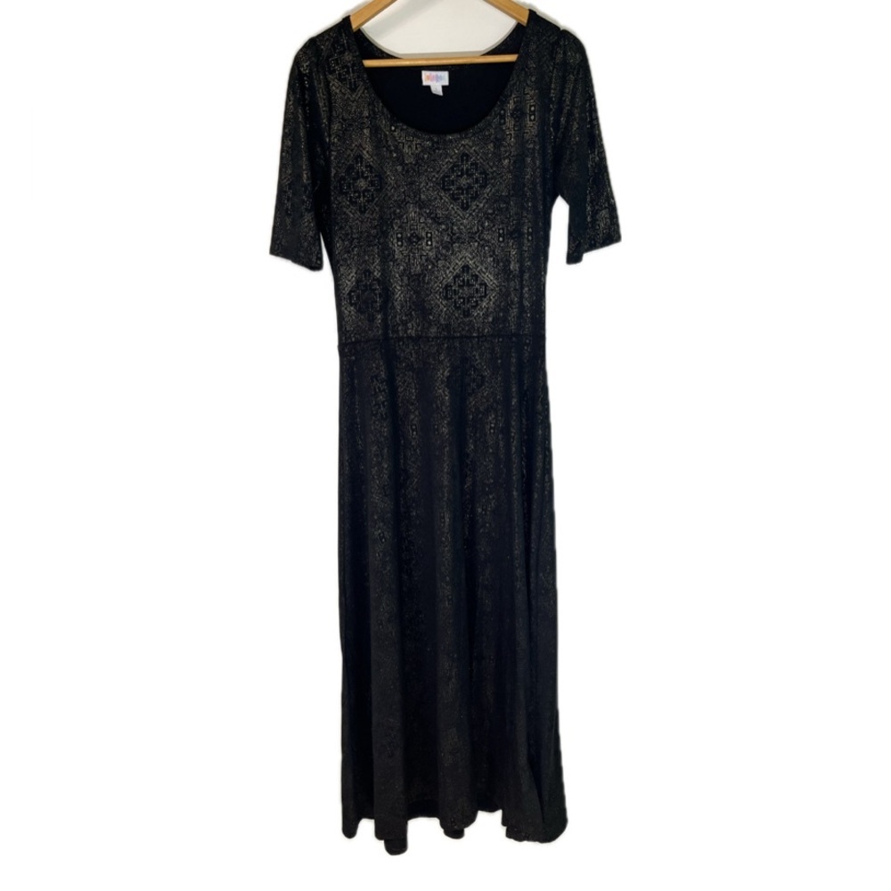 LuLaRoe Maxi Dress Sz Large Black And Gold Geometric Pattern, Stretchy-Gothic